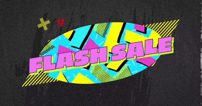 Animation of flash sale text on retro speech bubble with abstract shapes