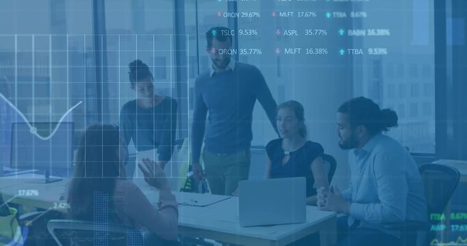 Animation of multiple graphs and trading boards, diverse coworkers discussing reports on laptop