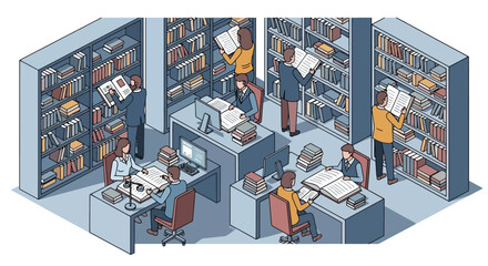 People reading and studying in a library with bookshelves and desks. © sevika