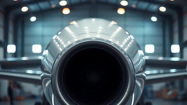 nacelle. Streamlined outer shell of aircraft engine nacelle reflecting hangar lights. mobility guides, transit brochures, designed for transport & logistics marketing, supports logistics messaging.