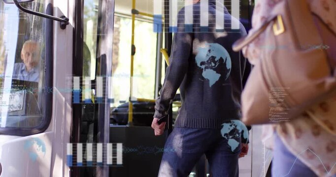 Animation of financial data processing over people getting on train