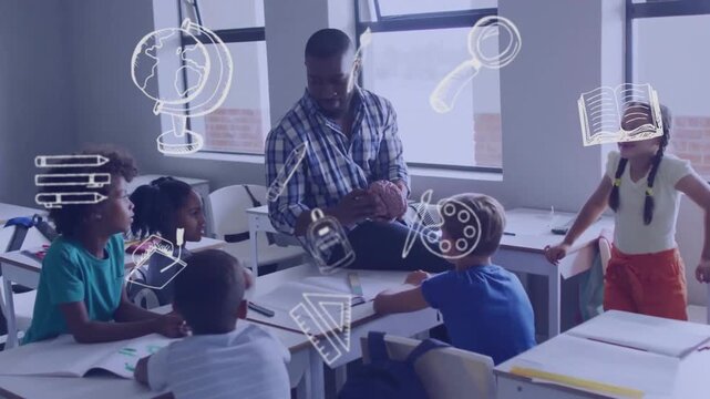 Animation of school items icons over happy diverse male teacher with students in classroom