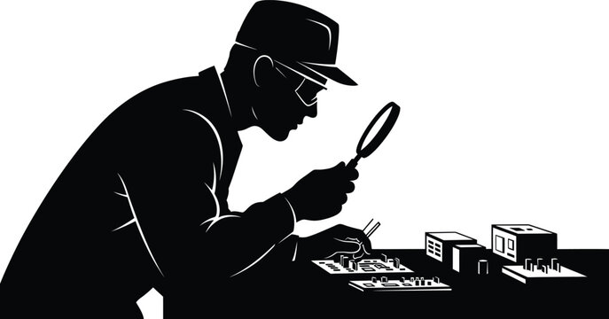 Vintage illustration man inspecting electronic components with magnifying glass