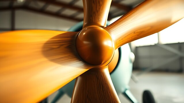 monoplane. The wooden propeller of a vintage monoplane in a quiet hangar. mobility guides, transit brochures, designed for mobility and urban transit guides, improves user orientation.