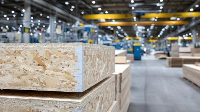 Close-up front perspective of engineered wood panels stacked symmetrically with protective corner guards, layered textures of laminated surfaces clearly visible, expansive factory