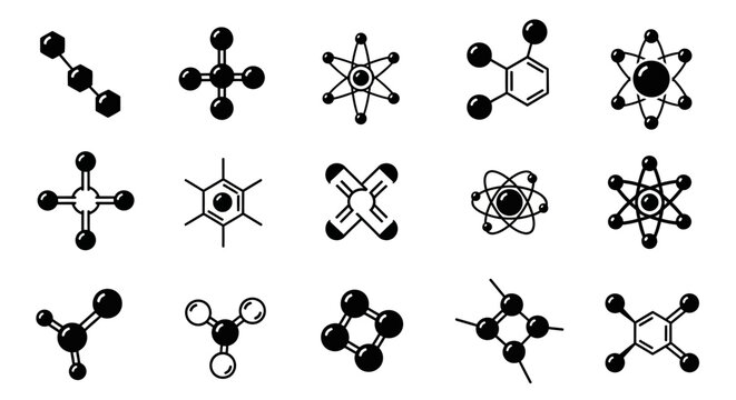 Various molecular structures and atomic arrangements illustrated in black and white