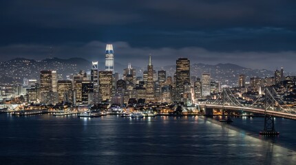 Obraz premium San Francisco skyline, expansive urban skyline after dark, the bay and distant hills layered under maritime haze, illuminated towers rising near the waterfront in cool evening color, featuring