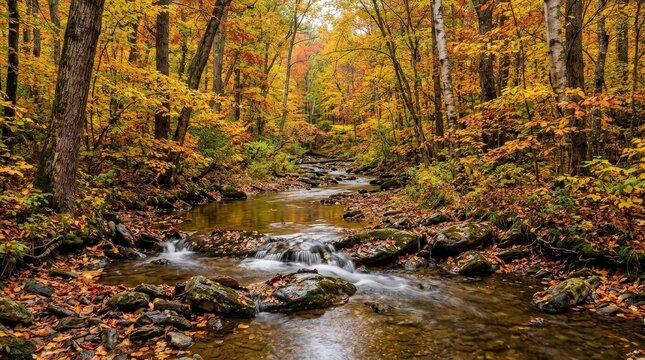 Autumn woods and creek, tranquil fall landscape with dense seasonal color, a shallow creek winding through colorful woodland, wet stones, fallen leaves, and a meditative forest hush, featuring autumn,