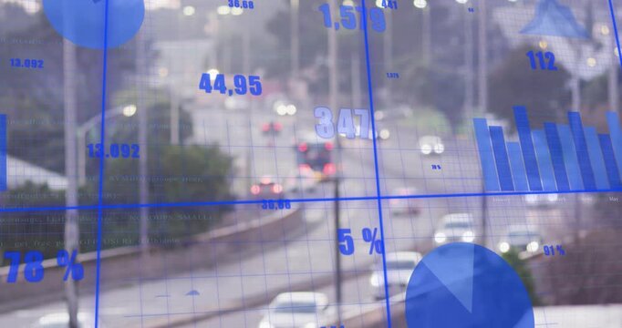 Opening highway initiating grid with animating bar line pie charts illustrating traffic trends