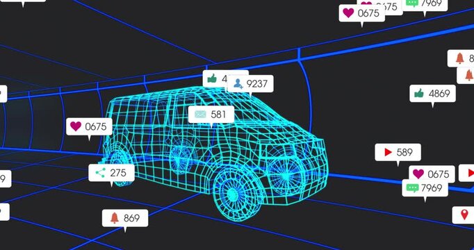 3D wireframe van positioning in tunnel initiating media callouts visualizing engagement around van