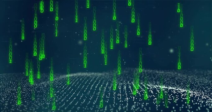 After start point wave moving while green binary columns falling, touching plane, showing data flow