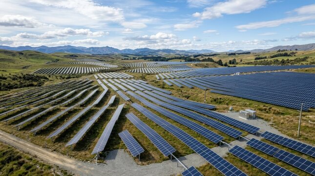 Wide view of solar farm with photovoltaic panels arranged in rows, bright daylight and open sky, sustainable energy production concept, cinematic landscape shot, shot on Canon EOS R6, no logos, no