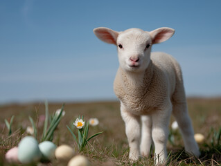 Obraz premium A cute baby lamb stands on green grass next to pastel-colored Easter eggs and blooming white crocuses in a field.