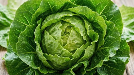 Obraz premium Fresh organic green cabbage head with dew drops in morning garden sunlight