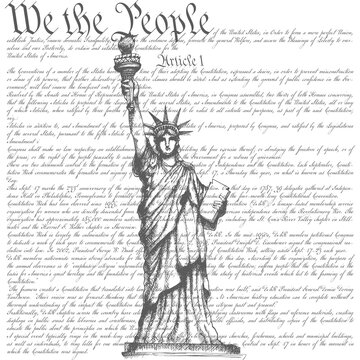 Statue of Liberty with US Constitution background and "We the People" text.