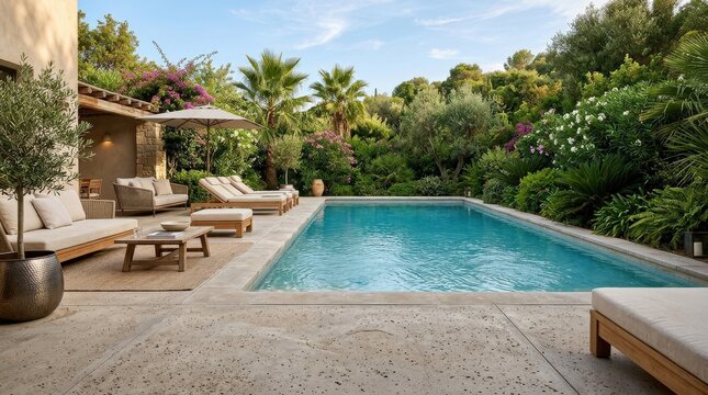 Well-designed terrace with textured concrete tiles and a peaceful blue pool amid natural foliage, refined outdoor lounge atmosphere, summer light, tranquil garden backdrop, photorealistic luxury