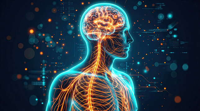 Glowing human skeleton with brain and nervous system visible in a dark digital environment