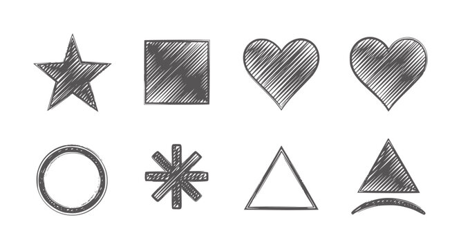 Collection of eight hand drawn sketchy geometric shapes and symbols star square heart