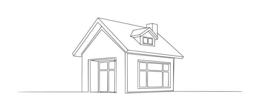 Single line of a detached house with a dormer window and chimney home