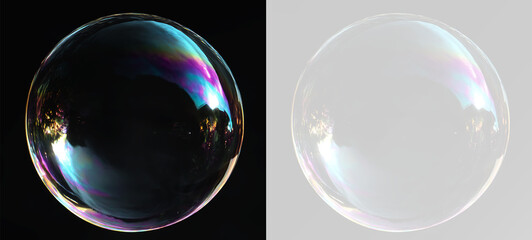 Realistic transparent soap bubble with rainbow iridescent reflections for creative editing © theladydarina