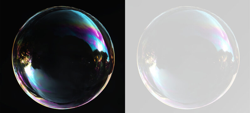 Realistic transparent soap bubble with rainbow iridescent reflections for creative editing