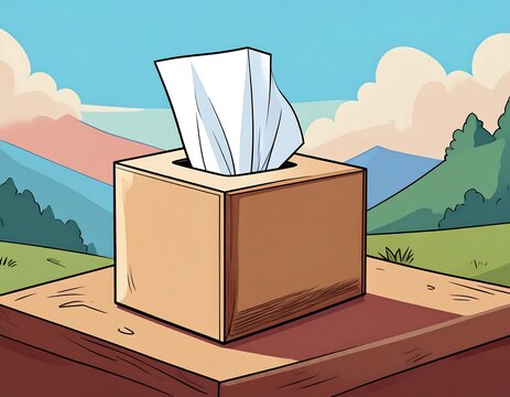 Cartoon tissue box on a wooden surface with a mountain background