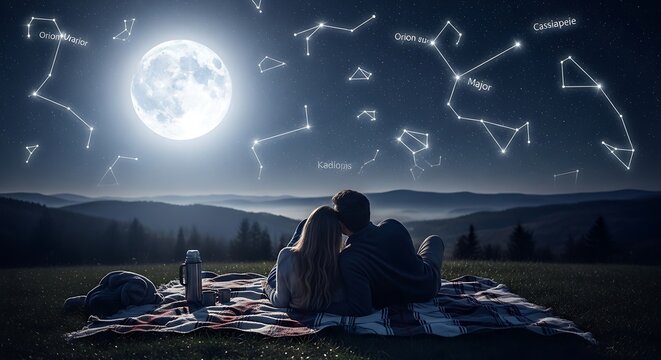 Couple stargazing on a blanket, full moon shining, constellations shown, nature backdrop