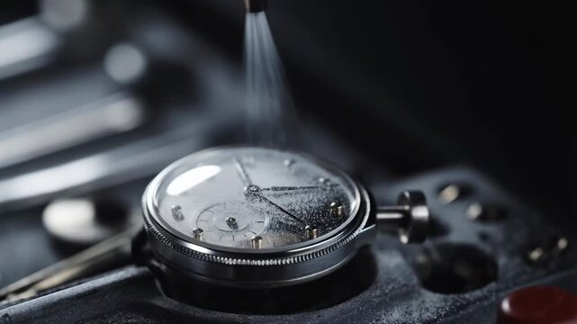 Watch intricate mechanical device being cleaned with fine air blower by watchmaker extreme closeup macro shot detail
