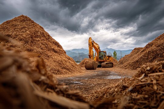 Excavator working among piles of wood chips under a cloudy sky in a forest area during the day