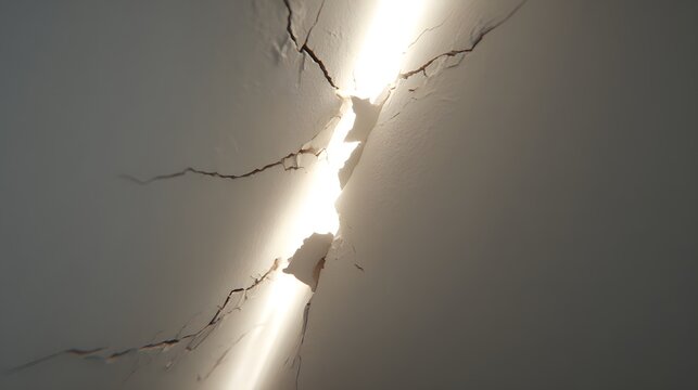 Bright white light streaming through a large jagged crack in a dark concrete wall surface creating a dramatic contrast and a sense of mysterious discovery