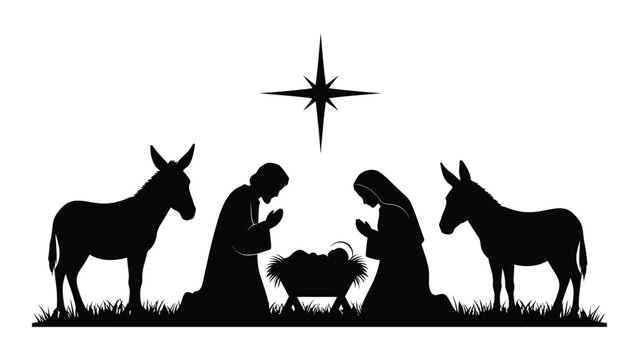 Silhouette of the nativity scene featuring mary joseph baby jesus and animals