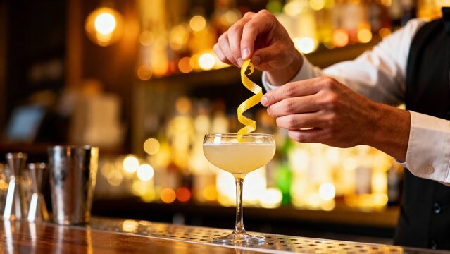 In a warm and inviting bar, a skilled bartender adds a vibrant lemon twist to a beautifully crafted cocktail, showcasing expert techniques and attention to detail late at night.