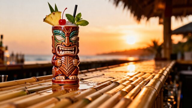 A colorful tiki cocktail sits on a bamboo bar with a stunning sunset backdrop. Waves gently crash on the shore as vibrant hues fill the sky, enhancing the tropical atmosphere.