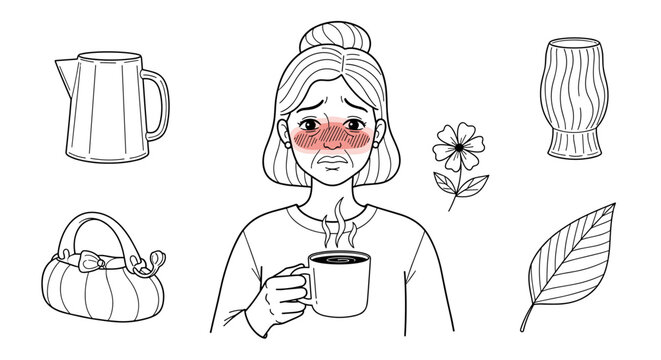 An upset woman with flushed red cheeks holds a coffee cup, surrounded by a teapot, basket, vase, flower, and leaf, suggesting stress.