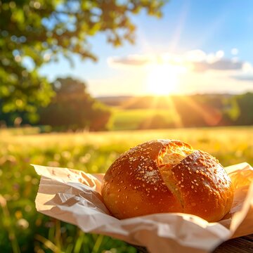 Sesame roll on paper; golden field and sunny sky background