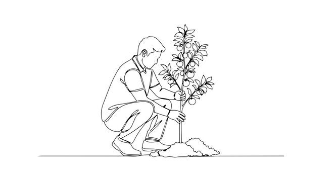 Man planting a tree sapling in the garden. One line drawing vector illustration. Minimalist gardening and ecology concept