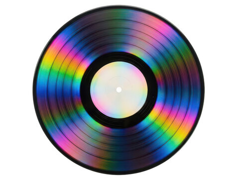 Colorful vinyl record with iridescent hues isolated on white background
