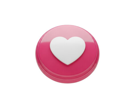 Bright pink button with white heart design isolated on white background