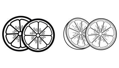 Fototapeta premium A simple black and white sketch depicts two whole and two sliced oranges, showcasing the fruit's segments and circular form.