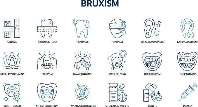Medical infographic icon set explaining bruxism symptoms causes and treatments including teeth grinding mouth guards and headache,
