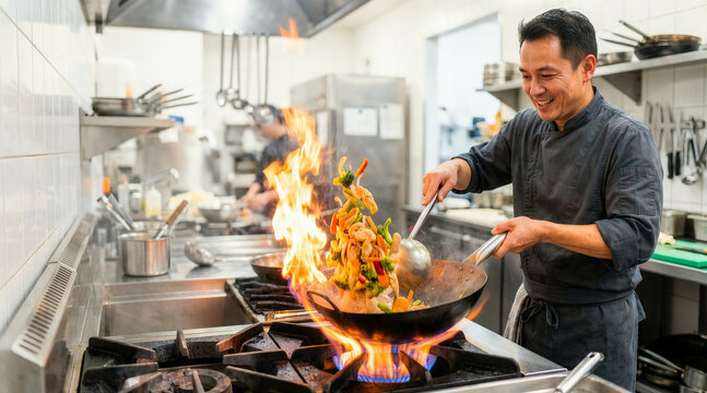 Asian chef cooking with fire in a commercial kitchen. Smiling male cook tossing stir fry in a wok over high gas flames