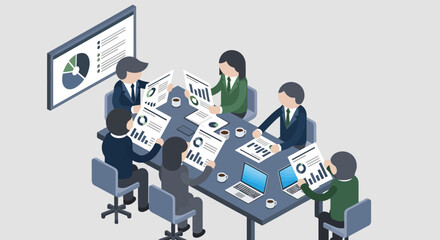 Naklejka premium Business meeting with charts and graphs on table.