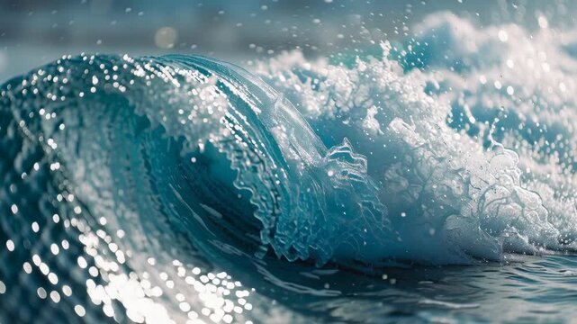 Blue ocean wave curling and crashing with sparkling water drops in bright sunlight, showing the raw power, movement, and freshness of the sea up close
