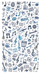 Whimsical, blue-toned doodle pattern of musical elements spread across a white background