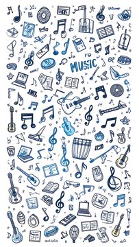 Whimsical, blue-toned doodle pattern of musical elements spread across a white background