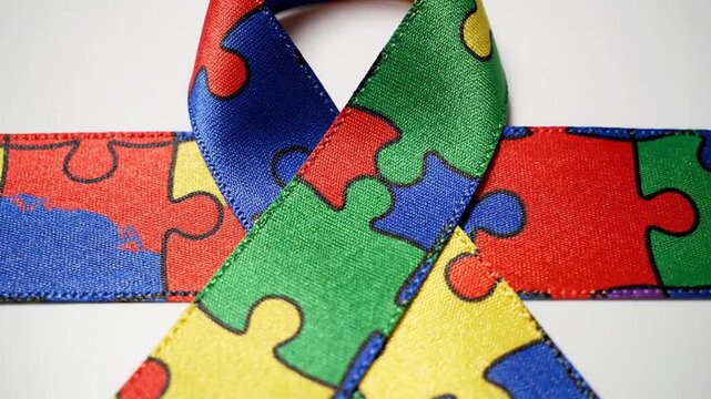 Autism awareness ribbon with puzzle pattern on white background