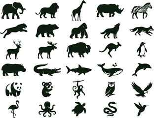 Naklejka premium Diverse collection of animal silhouettes including mammals birds and marine life presented on a transparent background