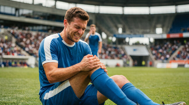 Injured soccer player sitting on the grass holding his knee in pain. Male football athlete in blue uniform suffering from a leg injury during a match in a stadium
