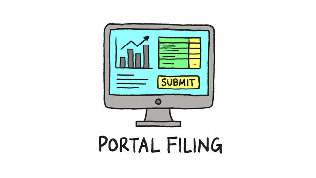 Hand drawn illustration of portal filing on computer monitor with submit button, alpha transparent
