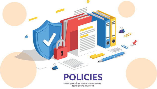 Vector Illustration of Documents, Folders, and Security Symbols for Policies, Legal, and Confidential Information Management.